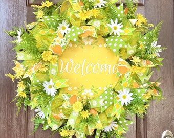 Summer Wreath for Front Door with Daisies, Large Deco Mesh Welcome Wreath, Front Porch Floral Decor