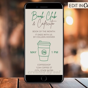 Book Club Invitation Template, Book Club and Coffee, Editable Digital Invitation Template, Editable Invite, Edit on Canva, Instant Download