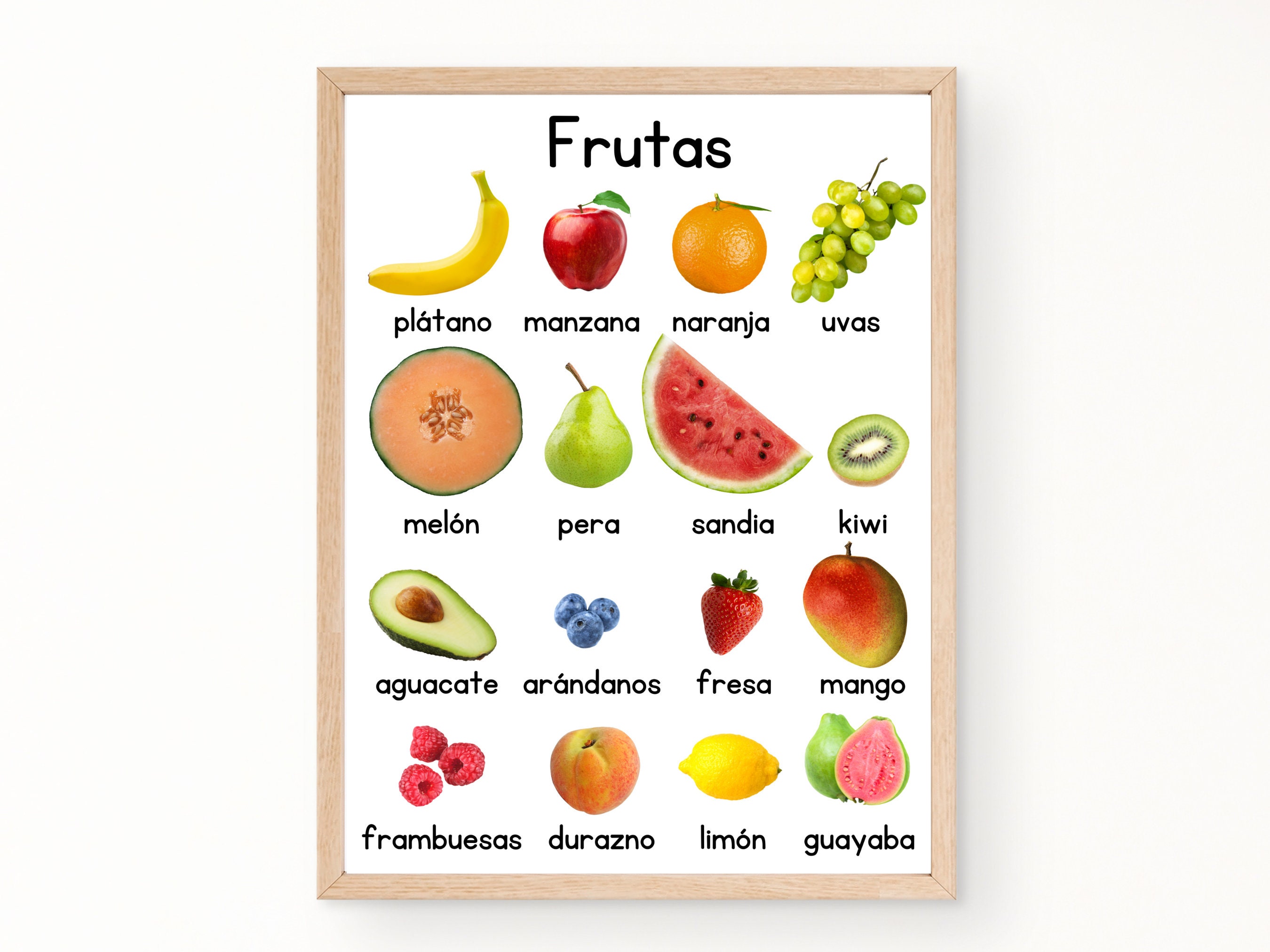 Spanish Educational Fruits Poster, Food Montessori, Bilingual
