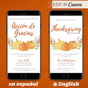 Convite espanhol para o Dia de Ação de Graças, Convite para Jantar de Ação de Graças, Convite cena de Ação de Graças