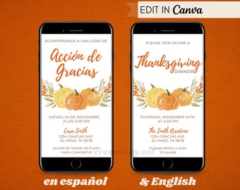 Spanish Thanksgiving Invite, Thanksgiving Dinner Invitation, Invitación cena de Acción de Gracias