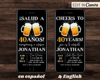 Beer Invite Template, Surprise Party, Cheers and Beers, Adult Birthday Invitation, Spanish Invite, Invitación de cumpleaños