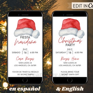 Spaanse kerstfeestuitnodiging, Invitacion Digital Fiesta de Navidad, tweetalige kerstuitnodiging, Fiesta Navideña, Feliz Navidad, Posada