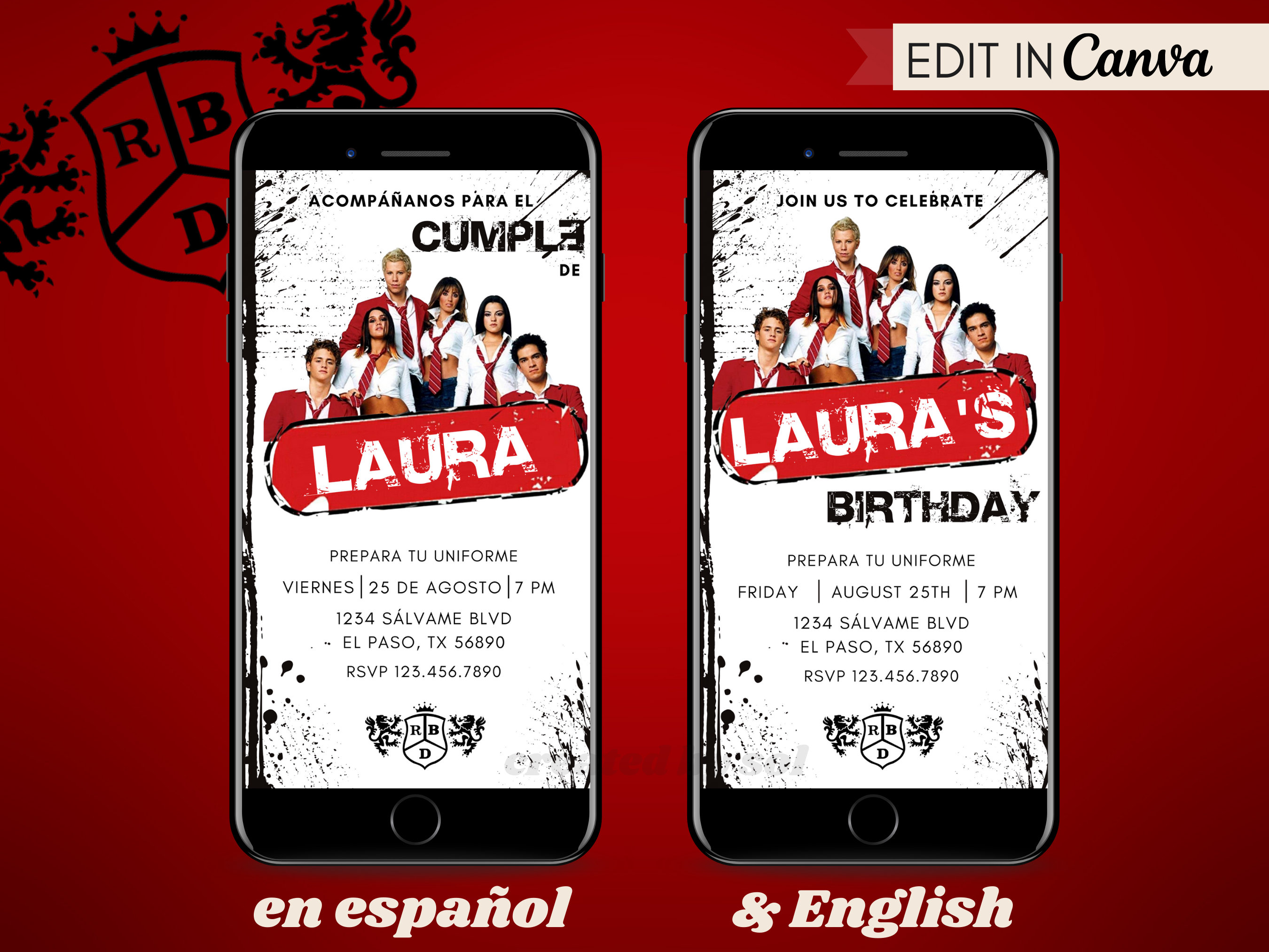 Rebelde Birthday Party Invitation, RBD Party Invite, Invitación de Rebelde de Fiesta de Cumpleaños, Text Message Mobile Phone Digital Invite