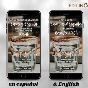 Tacos Invitation, Birthday Dinner Party Invite, Tacos and Tequila, Spanish Invite, Text Message Mobile Phone Digital Invite Template