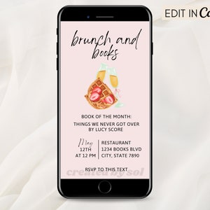 Book Club Invitation Template, Brunch and Books, Editable Digital Invitation Template, Editable Invite, Edit on Canva, Instant Download
