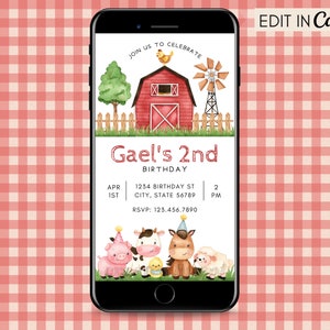 Editable Farm Animal Barnyard Birthday Party Invitation, Boy Red Barn Invite, Digital Invite, Instant Download