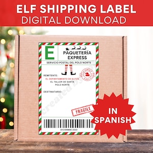 Etiqueta de duende navideño imprimible en español, etiqueta de envío de duende, envío de Papá Noel, paquete de llegada de duende español, Elfo Duende Navideño, Sello
