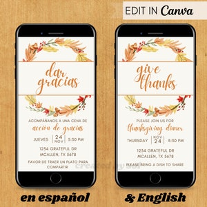 Thanksgiving Dinner Invitation, Spanish Thanksgiving Invite, Invitación cena de Acción de Gracias