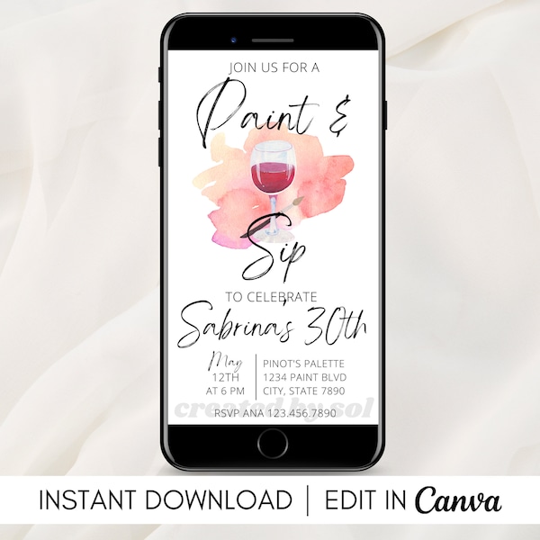 Paint and Sip Invitation Template, Paint Night Birthday Party, Instant Download, Canva Template, Text Message Mobile Phone Digital Invite