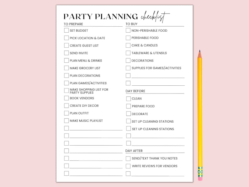 Party Checklist Printable, Birthday Party Checklist Template, Party