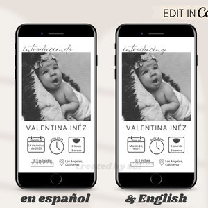 Baby Birth Announcement, Photo Baby, Spanish Birth Announcement, Anuncio de Nacimiento, Text Message Mobile Phone Announcement Template