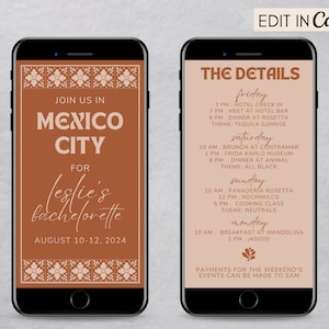 Mexico Bachelorette Party Invitation Template, Birthday Weekend Invite, Travel Itinerary, Mexico City, Mexican Talavera Tile, Editable Canva