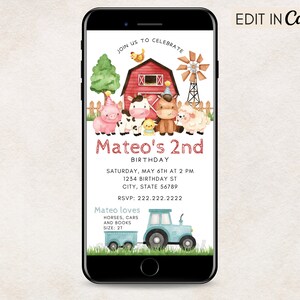 Editable Farm Animal Barnyard Birthday Party Invitation, Boy Red Barn Invite, Digital Invite, Instant Download