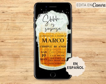 Cerveza Cumpleaños, Invitación de Fiesta Sorpresa de Cumpleaños de Cerveza, Beer Birthday Party Invite, Spanish Invitation, Surprise Party