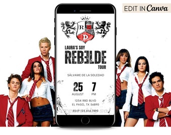 Rebelde Birthday Party Invitation, RBD Party Invite, RBD Tour 2023, Invitación de Rebelde de Fiesta de Cumpleaños