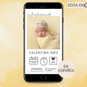 Anuncio de Nacimiento, Datos de Nacimiento, Spanish Birth Announcement, Text Message Mobile Phone Announcement Template