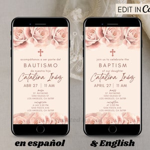 Doopsel uitnodiging sjabloon, roze rozen doopsel uitnodigen sjabloon, Spaanse doopsel uitnodigen, Invitacion de Bautizo, Invitacion de Bautismo