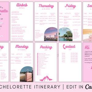 Pink Party Bachelorette Invite, Travel Itinerary, Canva Template, Weekend Planner