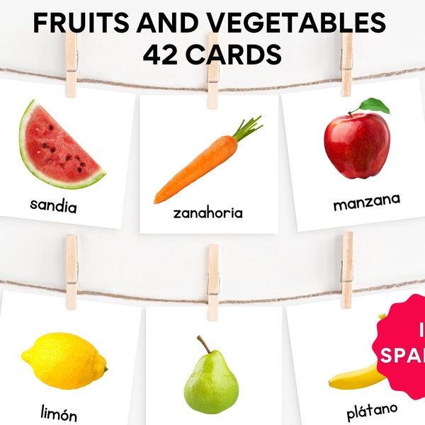 Spanish Fruits and Vegetables Cards, Real Pictures, Montessori Flashcards, Pre-School Cards, Educational Printable Cards, Instant Download