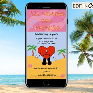 Invitación de cumpleaños de Bad Bunny, Un Verano Sin Ti, Plantilla de invitación digital editable, Invitación de teléfono móvil por mensaje de texto, Descarga instantánea