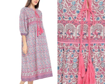 Cotton Vintage Peacock Pink Dress, Boho dress, Maxi Dress, Bohemian Dress, Hippie Dress, Summer Boho Dress, Cotton dress, Maternity Dress