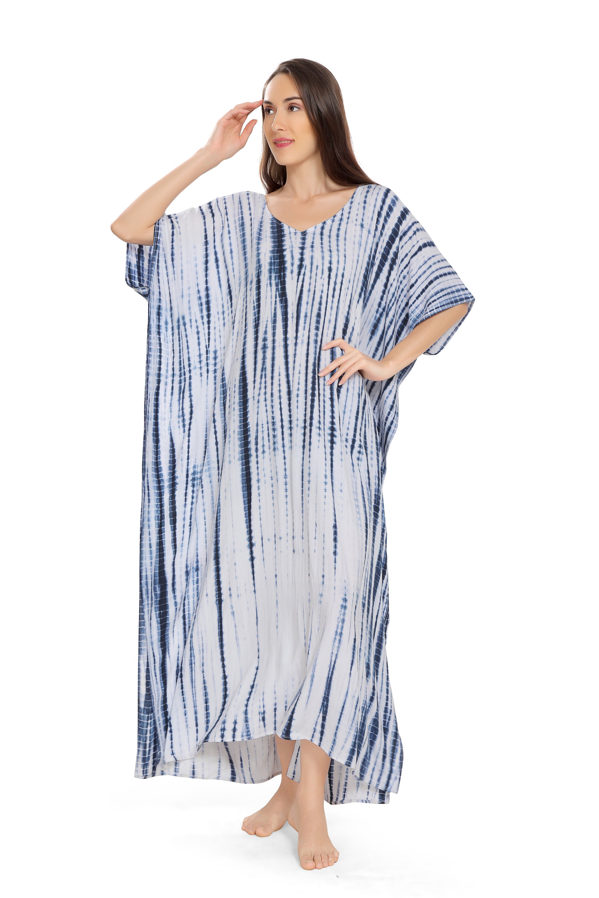 Cream & Blue Print Kaftan Dress main image 1