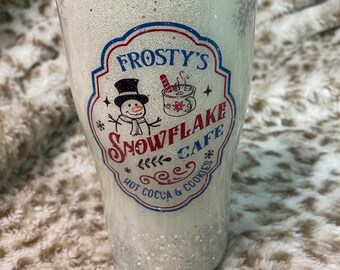 FROSTY THE SNOWMAN Snowflake Cafe Handmade Tumbler 20oz Stainless Steel w/Lid