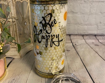 BEE HAPPY Handmade Tumbler 20oz Stainless Steel w/Lid and straw