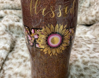 BLESSED MOM Sunflower Handmade Tumbler 20oz Stainless Steel w/Lid