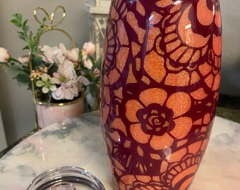 EMBROIDERY INSPIRED FLORAL Handmade 25oz Stainless Steel Foottumbler w/Lid and straw