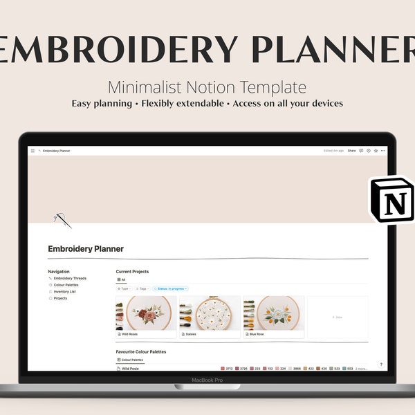 Broderie Planner NOTION TEMPLATE (ENG) - Couleurs de fil, Palettes de couleurs, Projets, Liste de courses et Inventaire - Parfait pour les artistes brodeurs