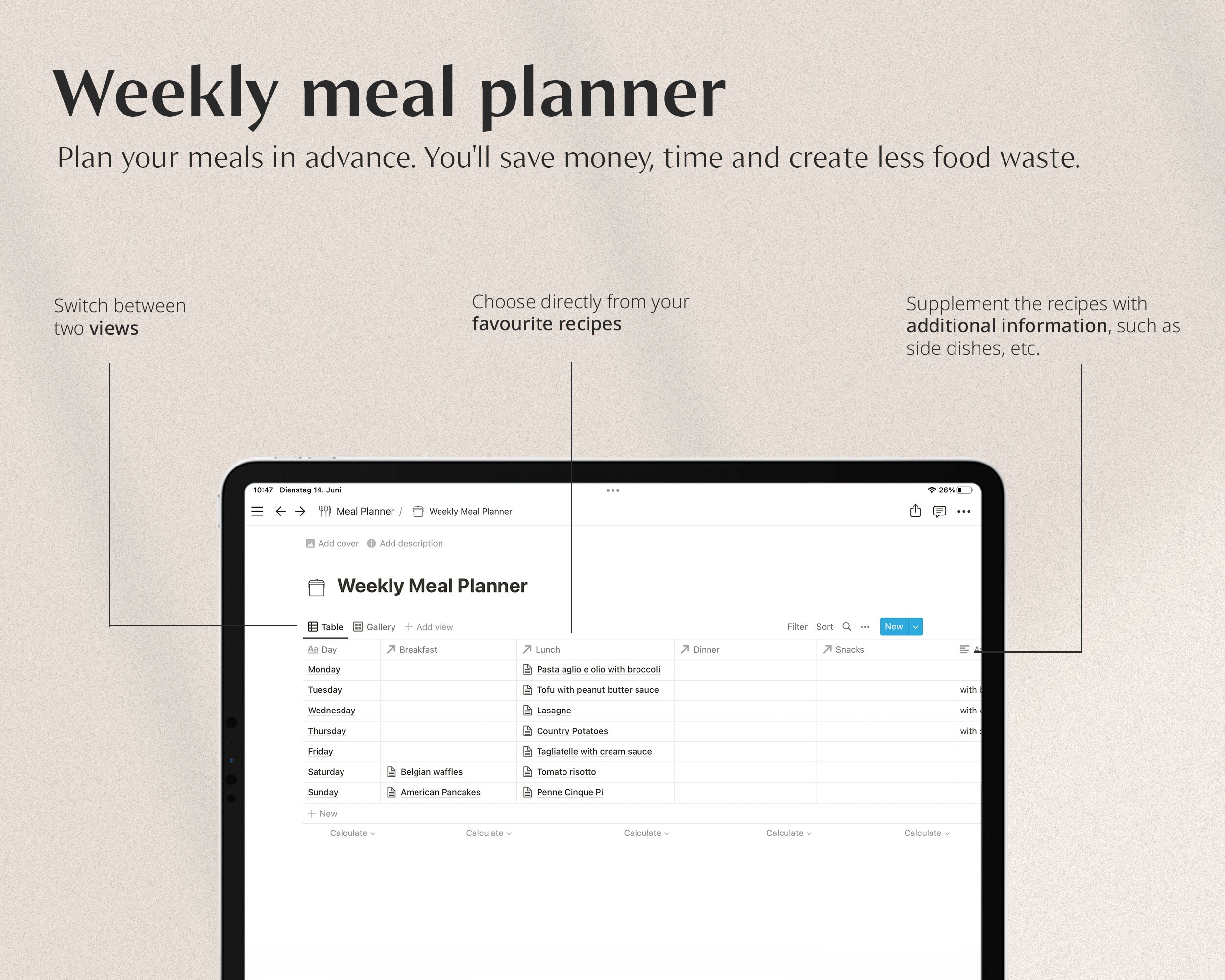 Weekly Meal Planner NOTION TEMPLATE English Best Minimalistic Digital