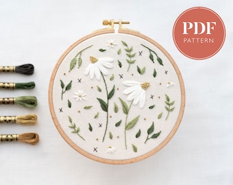 Two daisies HAND EMBROIDERY PATTERN • Daisy flower pattern with instructions and video tutorials • floral embroidery designs
