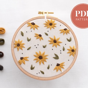 Sunflowers Hand Embroidery Pattern • modern sunflower embroidery design with instructions and video tutorials • floral embroidery designs