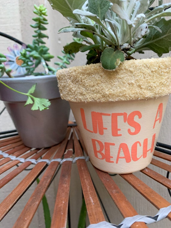 Beach / Ocean Themed Decorative Flower Pot With Sand Coated Rim and Saucer  / Hand Painted Succulent Pot / Terra Cotta Clay Pot With Drainage - Etsy