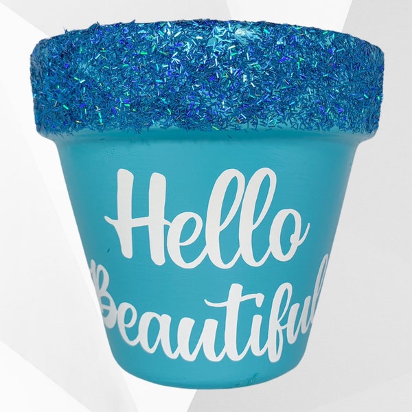 Teal Sparkle Rim / Customizable Base Color Hand Painted Flower Pots with Quote of YOUR Choice From Options 4" terra cotta pot Drainage Hole