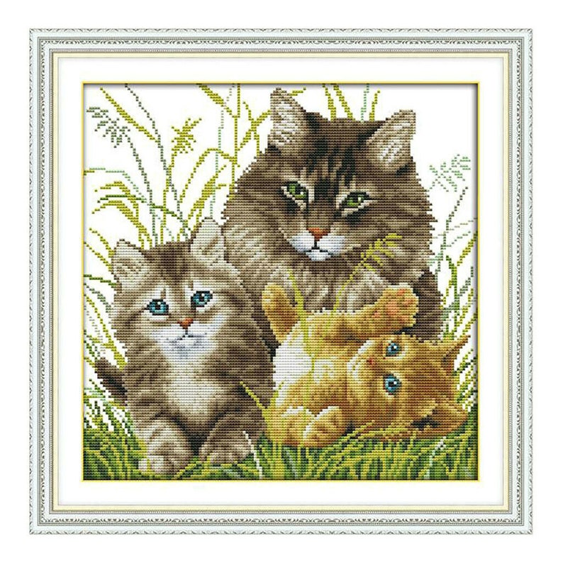 Cross Stitch Embroidery Starter Kit Stamped Aida Preprinted Design Cats in Cups 