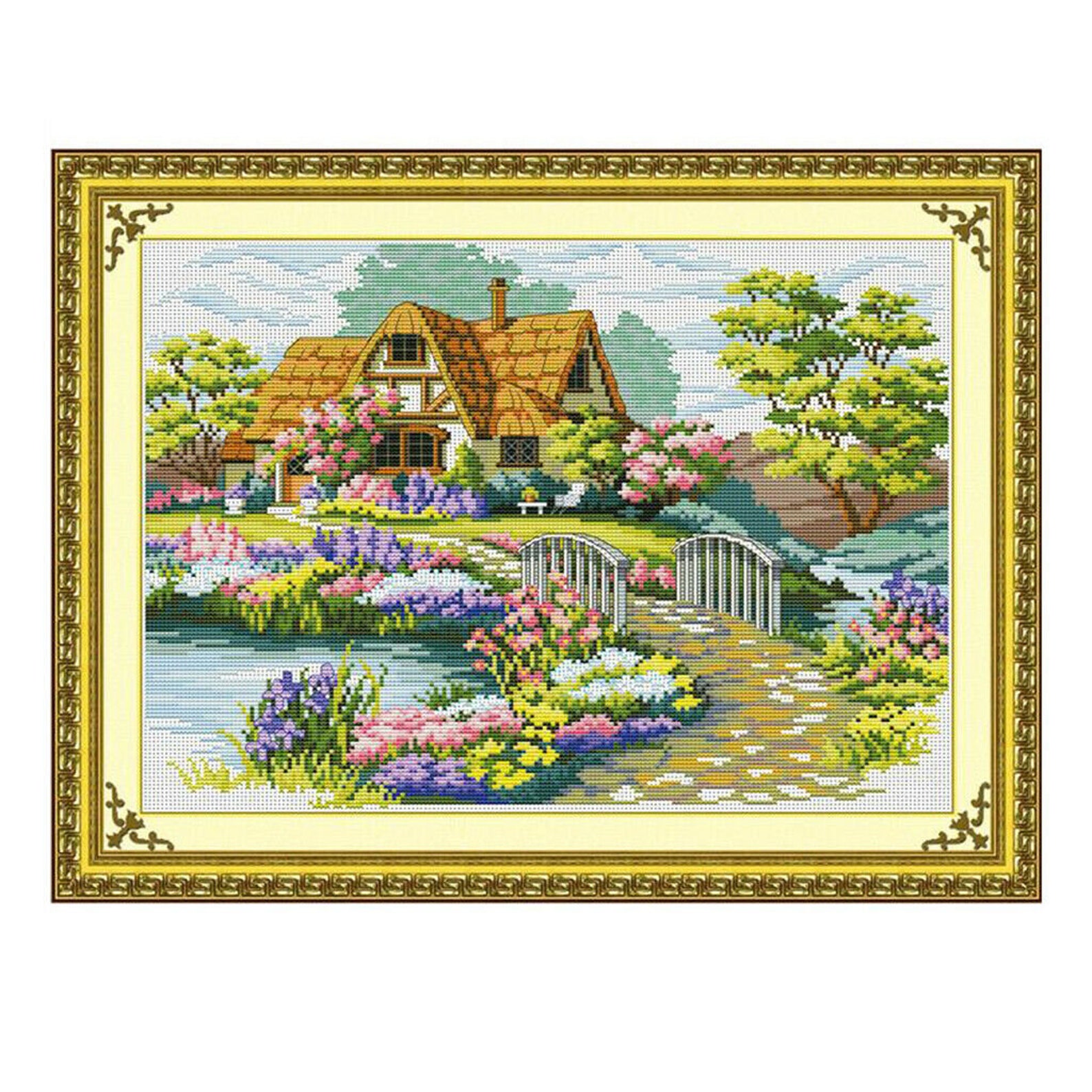 Stamped Cross Stitch Kits With Preprinted Cottage Pattern Needlework Crafts Etsy