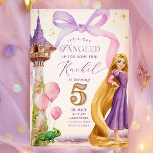 Invitación de cumpleaños de Rapunzel de Enredados: Descarga digital editable para fiesta de princesas Plantilla de Rapunzel para niñas de 7º, 6º, 5º, 4º y 3º grado