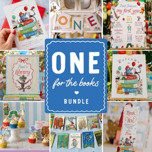 Peut inclure: Un ensemble numérique de décorations de fête sur le thème des livres, illustré de personnages de contes classiques. La collection comprend des invitations, des affiches, des bannières, des décorations pour cupcakes et des marque-pages, ornés de graphismes colorés.