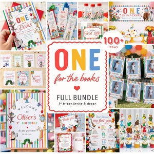 May include: A collection of children's birthday party decorations and stationery featuring storybook illustrations, including invitations, banners, bookmarks, food labels, milestone photo cards, and cupcake toppers with the text One for the books.