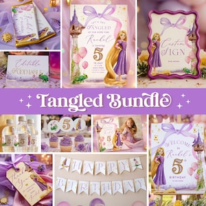 Trassel födelsedagspaket Rapunzel inbjudan födelsedagsinbjudan femte sjätte fjärde fest set Trassel redigerbar mall digital nedladdning
