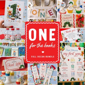 May include: A book-themed first birthday party decoration bundle featuring invitations, cupcake toppers, water bottle labels, thank you cards, food labels, bookmarks, and a milestone poster, all decorated with classic storybook character illustrations.