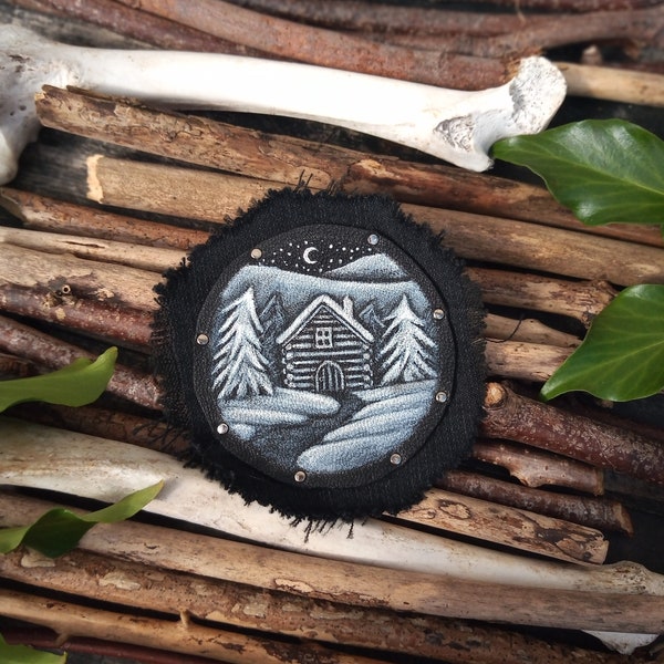Log Cabin Patch - hand painted - round. For jacket jeans bag hat, Goth Macabre Weird, Folklore Pagan Heathen Nature, Patches for Witches