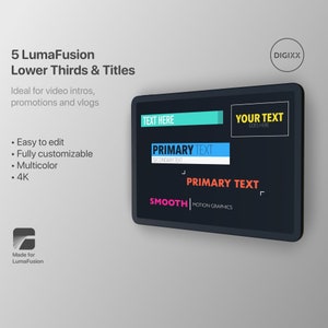 Puede incluir: Una pantalla negra con un gráfico de tercio inferior azul, rojo y amarillo. El texto en el gráfico dice "PRIMARY TEXT" y "SECONDARY TEXT". El texto "YOUR TEXT GOES HERE" está en un cuadro blanco en el lado derecho de la pantalla. El texto "SMOOTH MOTION GRAPHICS" está en un cuadro blanco en la parte inferior de la pantalla.