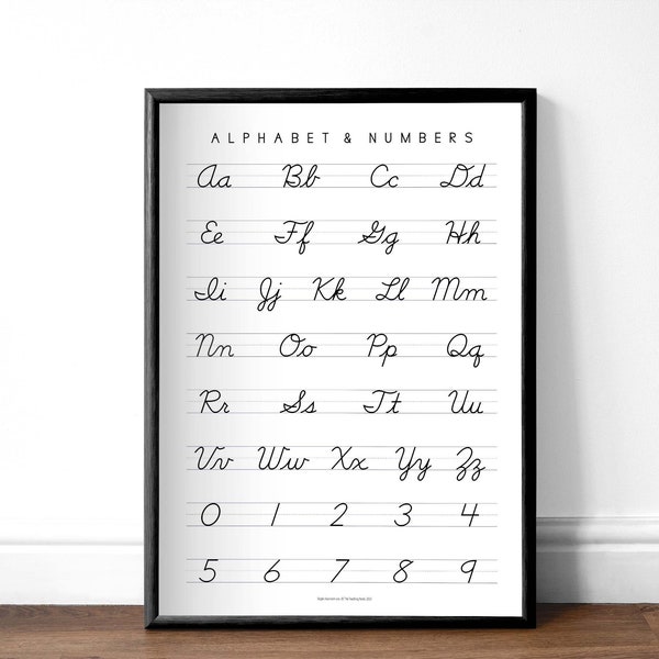 Cursive Handwriting Chart | Minimalist Printable Alphabet ABC Poster | Homeschool Resources PDF JPEG | | Portrait | Writing & Numbers Chart