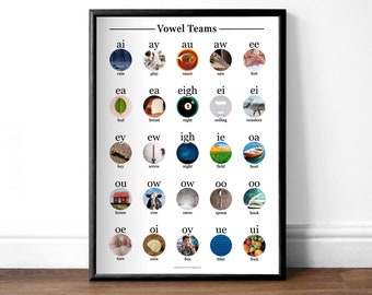 Tableau phonétique des équipes de voyelles minimalistes (niveau 2) | Affiche Montessori Phonics | Ressources pédagogiques d'intervention en lecture pour l'école à la maison PDF JPEG
