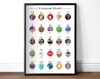 Montessori Blends Photo Phonics Chart | Affiches de lecture imprimables | Minimaliste Montessori | Intervention en lecture | École à la maison | PDFJPEG