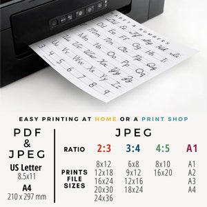 May include: A white sheet of paper with handwritten alphabet and numbers is being fed into a black printer. The paper is labeled "HABET & NUMBERS". Below the paper is a chart showing different print sizes for US Letter, A4, and various ratios.